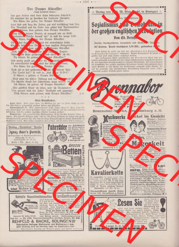 Der wahre Jacob 1908, Satire-Zeitschrift Blatt 568, Seite 5797, Der Deutsche Kürassier und Werbeanzeigen im Jacob, vom 28. April 1908 Sammlung