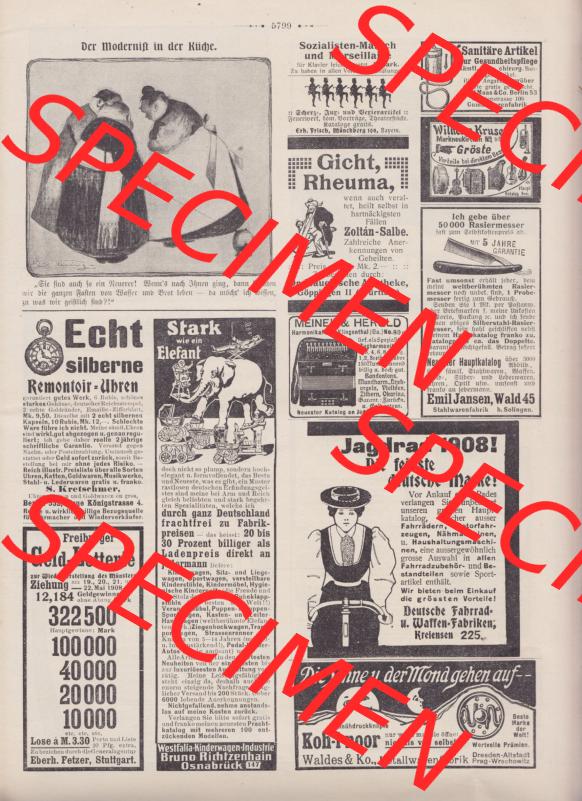 Der wahre Jacob 1908, Satire-Zeitschrift Blatt 568, Seite 5799, Der Modernist in der Küche und Werbeanzeigen im Wahren Jacob, vom 28. April 1908 Sammlung