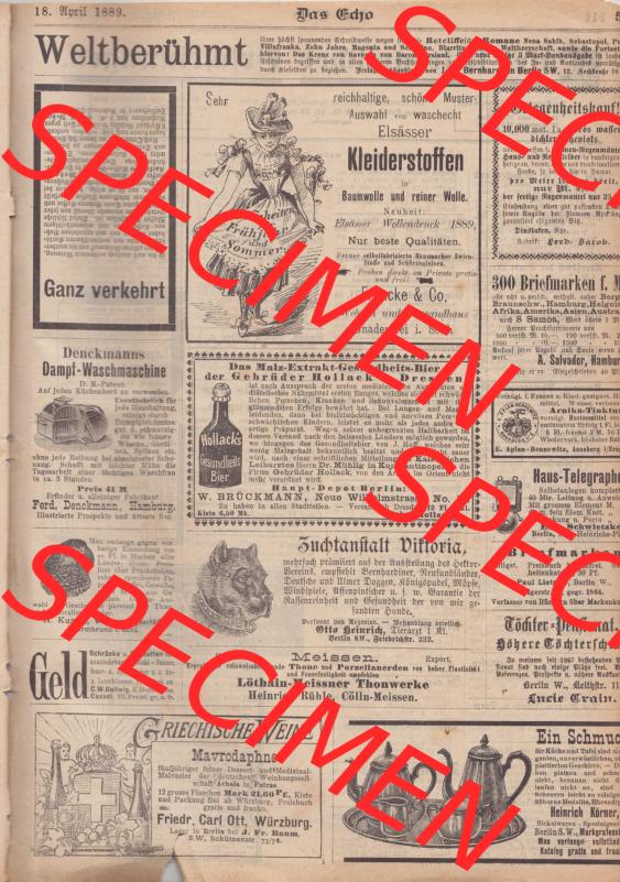 1801-1900, Zeitschrift „Das Echo“ 1889, Nr. 346, Berlin 18. April 1889, Seite 515, Werbeanzeigen, Digitales Bild der Zeitung... Sammlung