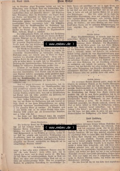 1801-1900, Zeitschrift „Das Echo“ 1889, Nr. 346, Berlin 18. April 1889, Seite 495, Die Volkszeitung, Digitales Bild der Zeitung... Sammlung