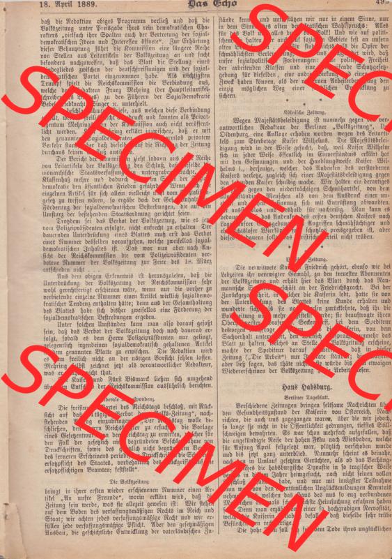 1801-1900, Zeitschrift „Das Echo“ 1889, Nr. 346, Berlin 18. April 1889, Seite 495, Die Volkszeitung, Digitales Bild der Zeitung... Sammlung