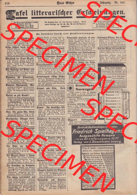 1801-1900, Zeitschrift „Das Echo“ 1889, Nr. 346, Berlin 18. April 1889, Seite 516, Tafel litterarischer Erscheinungen, Digitales... Sammlung
