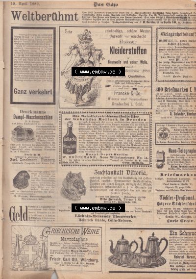 1801-1900, Zeitschrift „Das Echo“ 1889, Nr. 346, Berlin 18. April 1889, Seite 515, Werbeanzeigen, Digitales Bild der Zeitung... Sammlung