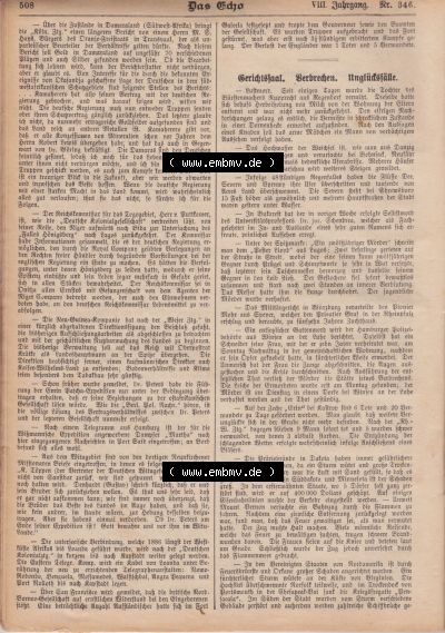 1801-1900, Zeitschrift „Das Echo“ 1889, Nr. 346, Berlin 18. April 1889, Seite 508, Gerichtssaal, Verbrechen und Unglücksflle,... Sammlung
