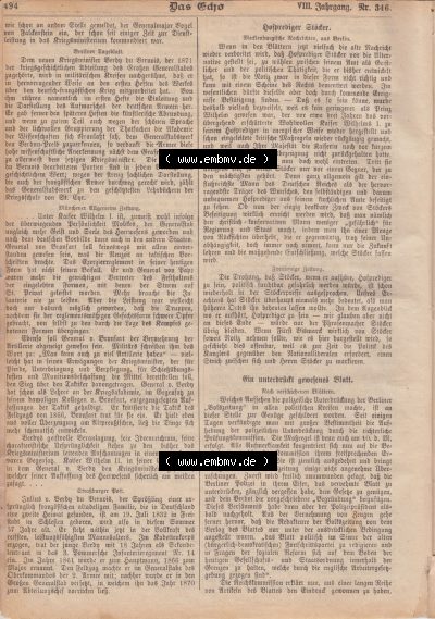 1801-1900, Zeitschrift „Das Echo“ 1889, Nr. 346, Berlin 18. April 1889, Seite 494, Berliner Tagesblatt, Münchener allgemeine... Sammlung