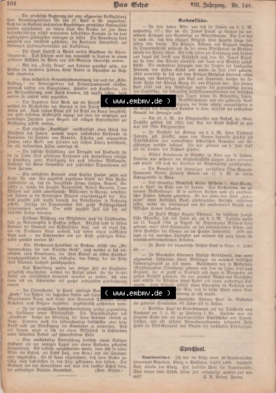 1801-1900, Zeitschrift „Das Echo“ 1889, Nr. 346, Berlin 18. April 1889, Seite 502, Todesfälle Sprechsaal, Digitales Bild... Sammlung
