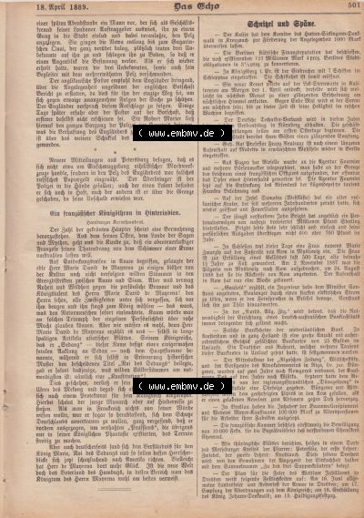 1801-1900, Zeitschrift „Das Echo“ 1889, Nr. 346, Berlin 18. April 1889, Seite 501, Ein französische Königsthron in Hinterindien,... Sammlung