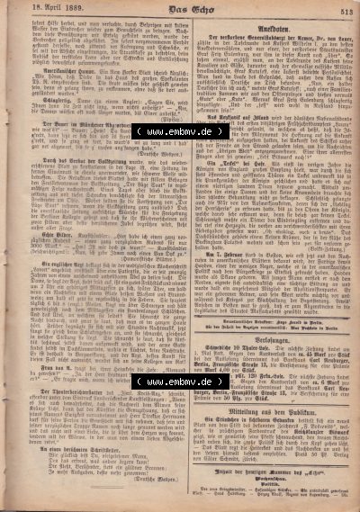 1801-1900, Zeitschrift „Das Echo“ 1889, Nr. 346, Berlin 18. April 1889, Seite 513, Humor, Schlagfertig, Echte Bilder, Digitales... Sammlung