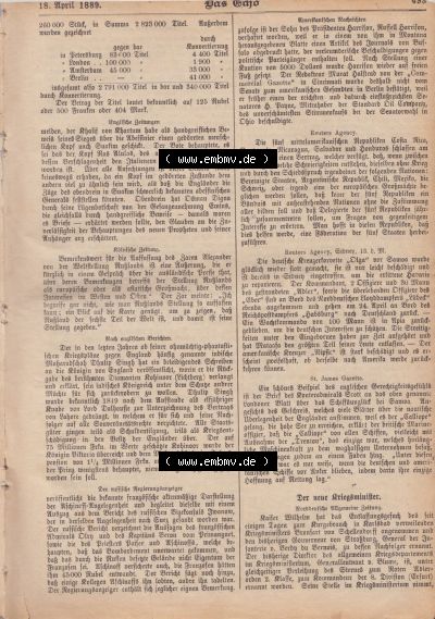 1801-1900, Zeitschrift „Das Echo“ 1889, Nr. 346, Berlin 18. April 1889, Seite 493, Englische Zeitungen, Nach englischen Berichten,... Sammlung