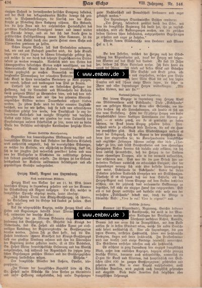 1801-1900, Zeitschrift „Das Echo“ 1889, Nr. 346, Berlin 18. April 1889, Seite 496, Herzog Adolf, Regent von Lauremburg, Digitales... Sammlung