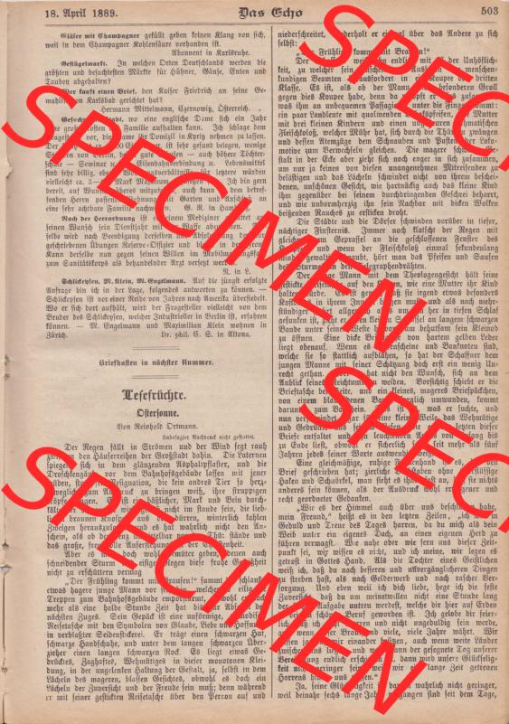 1801-1900, Zeitschrift „Das Echo“ 1889, Nr. 346, Berlin 18. April 1889, Seite 503, Bon Reinhold Ortmann, Digitales Bild der... Sammlung
