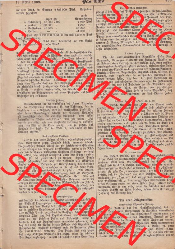 1801-1900, Zeitschrift „Das Echo“ 1889, Nr. 346, Berlin 18. April 1889, Seite 493, Englische Zeitungen, Nach englischen Berichten,... Sammlung
