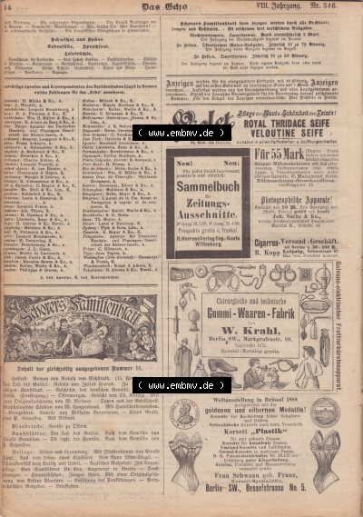 1801-1900, Zeitschrift „Das Echo“ 1889, Nr. 346, Berlin 18. April 1889, Seite 514, Werbeanzeigen, Digitales Bild der Zeitung... Sammlung