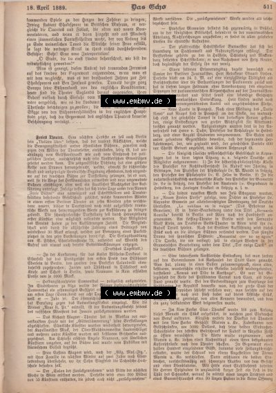 1801-1900, Zeitschrift „Das Echo“ 1889, Nr. 346, Berlin 18. April 1889, Seite 511, Theater, Kunst und Literatur, Digitales... Sammlung