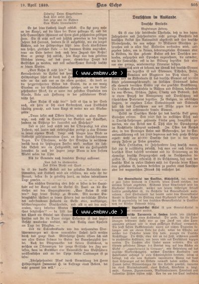 1801-1900, Zeitschrift „Das Echo“ 1889, Nr. 346, Berlin 18. April 1889, Seite 505, Deutschtum im Ausland, Digitales Bild der... Sammlung