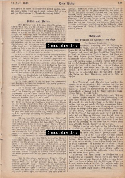 1801-1900, Zeitschrift „Das Echo“ 1889, Nr. 346, Berlin 18. April 1889, Seite 507, Militär und Marine, Digitales Bild der... Sammlung