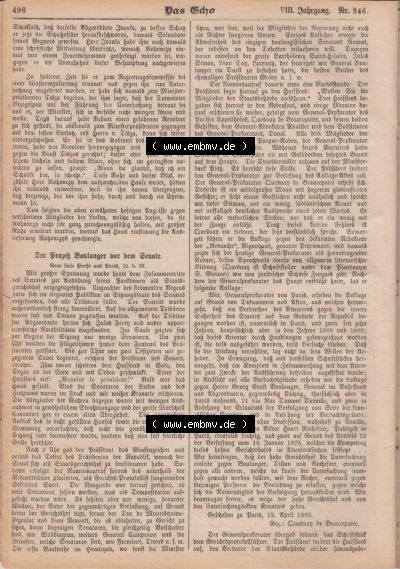 1801-1900, Zeitschrift „Das Echo“ 1889, Nr. 346, Berlin 18. April 1889, Seite 498, Der Prozeß Boulanger vor dem Senat, Digitales... Sammlung