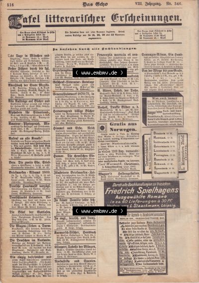 1801-1900, Zeitschrift „Das Echo“ 1889, Nr. 346, Berlin 18. April 1889, Seite 516, Tafel litterarischer Erscheinungen, Digitales... Sammlung