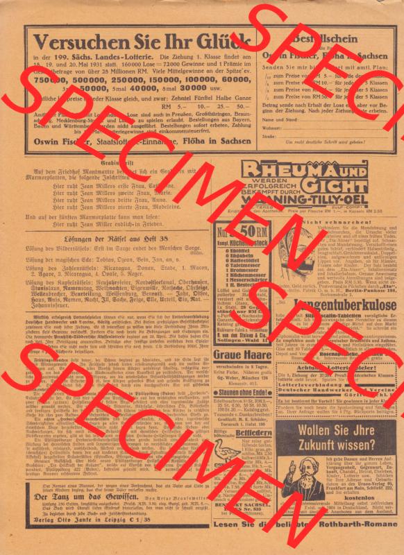 Weimarer Republik „Illustrierte Roman-Welt“ 1931, Heft 39, 4. Jahrgang Versuchen Sie ihr Glück, Sächsische Landes-Lotterie - Werbeanzeige,... Sammlung