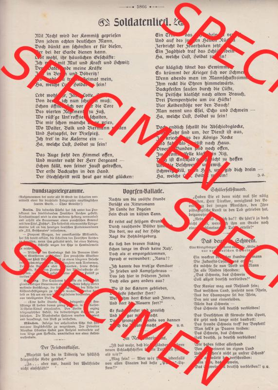 Der wahre Jacob Satire 1908, Satire im Heft 573, Seite 5866, Soldatenlied, Preußisches Lied. Hier befindet sich eine von 12 Seiten der Satire-Zeitschrift „Der... Sammlung