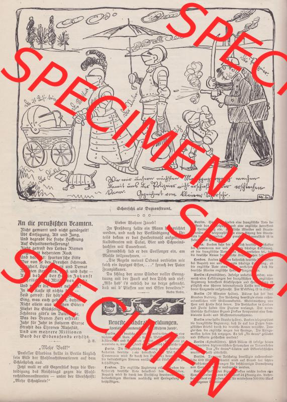 Der wahre Jacob Satire 1908, Heft 569, Seite 5811, An die preußischen Beamten. Hier befindet sich eine von 16 Seiten der Satire-Zeitschrift Der Wahre Jacob im online Katalog... Sammlung