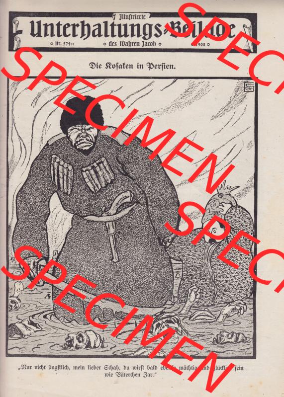 Der wahre Jacob Satire 1908, Heft 574, Satire Seite 5881, Unterhaltungsbeilage, Nur nicht ängstlich, mein lieber Schah. Zum Thema Deutsches Kaiserreich nach 20... Sammlung