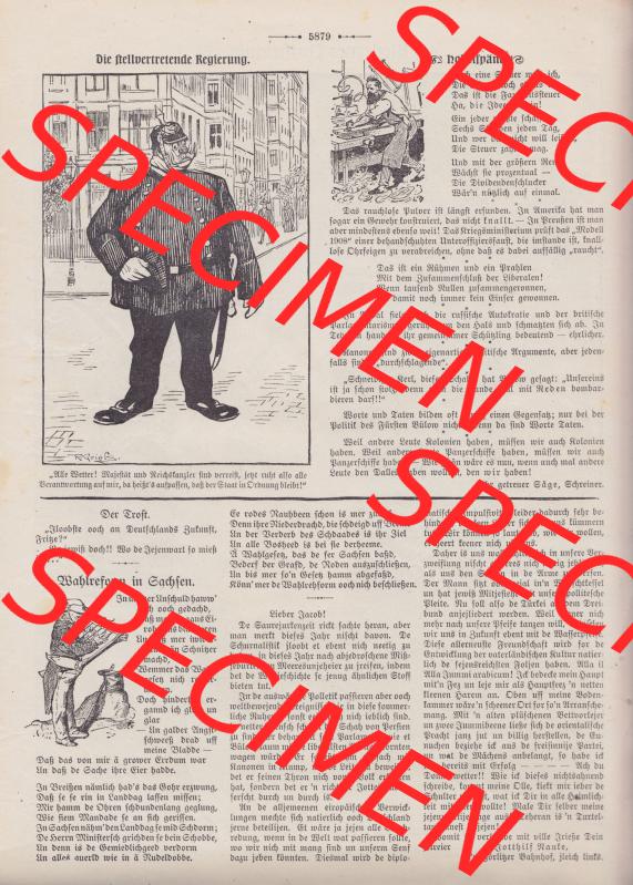 Der wahre Jacob Satire 1908, Heft 574, Satire Seite 5879, Die stellvertretende Regierung. Zum Thema Deutsches Kaiserreich nach 20 Jahren Regierung. Hier befindet sich eine... Sammlung