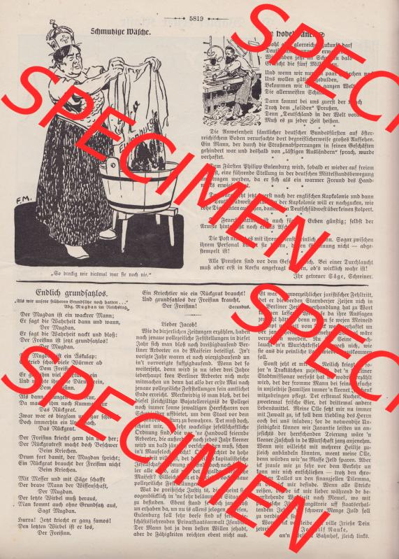 Der wahre Jacob Satire 1908, Heft 570, Seite 5819, Schmutzige Wäsche, Eulenburg. Hier befindet sich eine von 16 Seiten der Satire-Zeitschrift Der Wahre Jacob im online... Sammlung