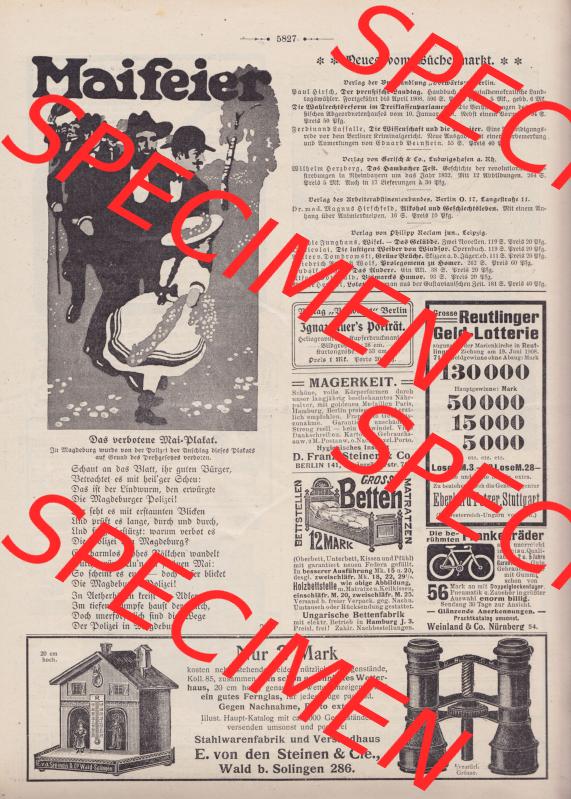 Der wahre Jacob Satire 1908, Heft 570, Seite 5827, Mai-Feier. Hier befindet sich eine von 16 Seiten der Satire-Zeitschrift Der Wahre Jacob im online Katalog und online Datenbank... Sammlung