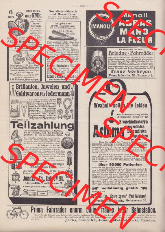 Der wahre Jacob Satire 1908, Heft 569, Seite 5813, Werbung im wahren Jacob. Hier befindet sich eine von 16 Seiten der Satire-Zeitschrift Der Wahre Jacob im online Katalog und online... Sammlung