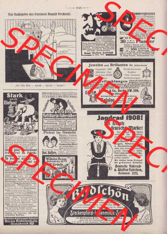 Der wahre Jacob Satire 1908, Heft 570, Seite 5829, Nachtgebet des Patrioten August Brechtopf. Hier befindet sich eine von 16 Seiten der Satire-Zeitschrift Der Wahre Jacob im online... Sammlung