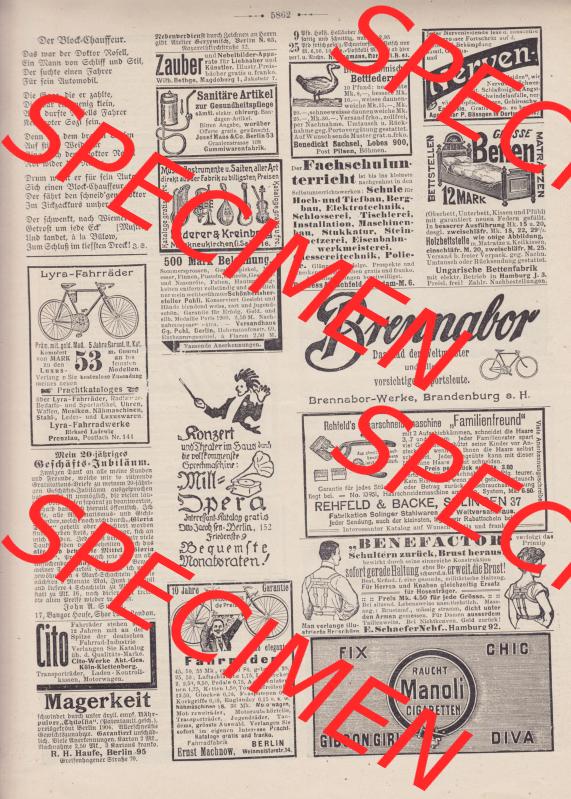 Der wahre Jacob Satire 1908, Heft 572, Seite 5862, Werbung im wahren Jacob. Hier befindet sich eine von 16 Seiten der Satire-Zeitschrift Der Wahre Jacob 1908 Nr. 572 im... Sammlung