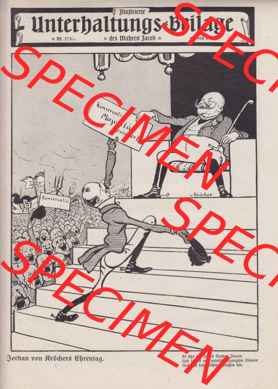 Der wahre Jacob Satire 1908, Satire im Heft 573, Seite 5869, Unterhaltungs-Beilage Nr. 573. Hier befindet sich eine von 12 Seiten der Satire-Zeitschrift „Der wahre... Sammlung