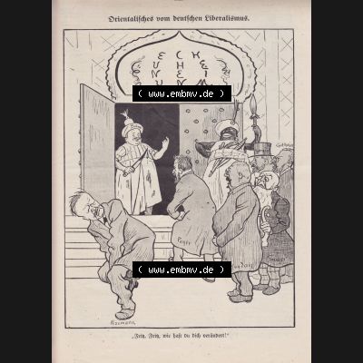 Der wahre Jacob Satire 1908, Heft 570, Seite 5825, Orientalisches vom deutschen Liberalismus. Hier befindet sich eine von 16 Seiten der Satire-Zeitschrift Der Wahre Jacob im online... Sammlung