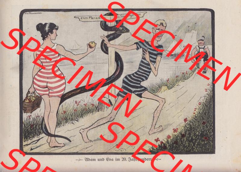 Der wahre Jacob Satire 1908, Heft 575, Satire Seite 5892, Adam und Eva im 20. Jahrhundert. Zum Thema Deutsches Kaiserreich Satire. Hier befindet sich eine von 16... Sammlung