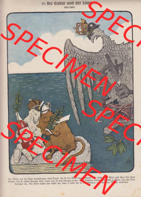 Der wahre Jacob Satire 1908, Satire im Heft 573, Seite 5868, Preußen, Der Eisbär und der Löwe, Eine Fabel. Hier befindet sich eine von 12 Seiten der... Sammlung