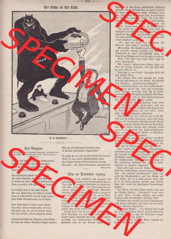 Der wahre Jacob Satire 1908, Heft 570, Seite 5826, Der Fuchs in der Falle. Hier befindet sich eine von 16 Seiten der Satire-Zeitschrift Der Wahre Jacob im online Katalog und online... Sammlung