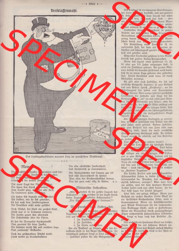 Der wahre Jacob Satire 1908, Heft 570, Seite 5822, Dreiklassenwahl. Hier befindet sich eine von 16 Seiten der Satire-Zeitschrift Der Wahre Jacob im online Katalog und online Datenbank... Sammlung