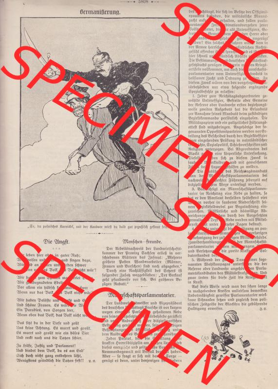 Der wahre Jacob Satire 1908, Heft 569, Seite 5808, Germanisierung. Hier befindet sich eine von 16 Seiten der Satire-Zeitschrift Der Wahre Jacob im online Katalog und online Datenbank... Sammlung