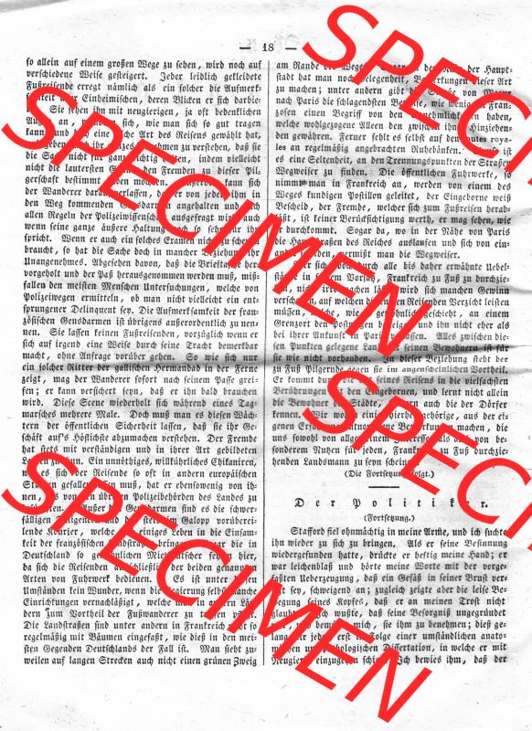 Morgenblatt 1832, 6 Januar, Nr. 5, Seite 18, Artikel „Für deutsche Fußreisende in Frankreich“ und „Der Politiker“.... Sammlung