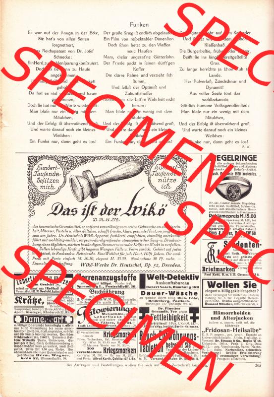 Meggendorfer-Blätter 1920, Nr. 1552, Seite 205, Funken und Werbung für Siegelringe. Die Digitalen JPG-Bilder der digitalisierten Zeitschrift „Meggendorfer-Blätter“... Sammlung