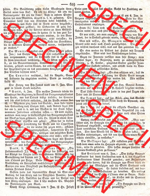 Augsburg 1832, 166, Donnerstag 14. Juni, Augsburger Abendzeitung Seite 659. Die Digitalen JPG-Bilder der digitalisierten Augsburger Zeitung können heruntergeladen werden. Sammlung