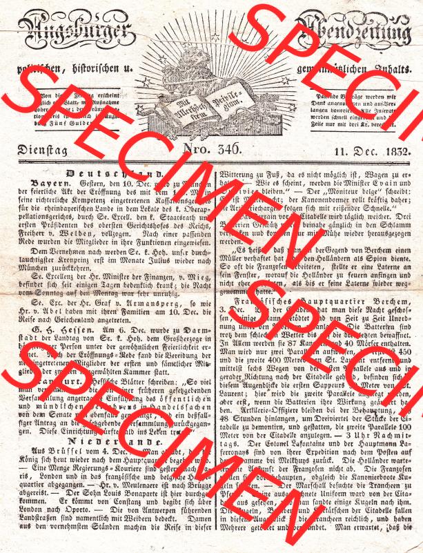 Augsburg 1832, Nro / Nr 346, Dienstag 11 Dezember, Augsburger Abendzeitung Seite 1381 (1). Die Digitalen JPG-Bilder der digitalisierten Augsburger Zeitung aus dem... Sammlung