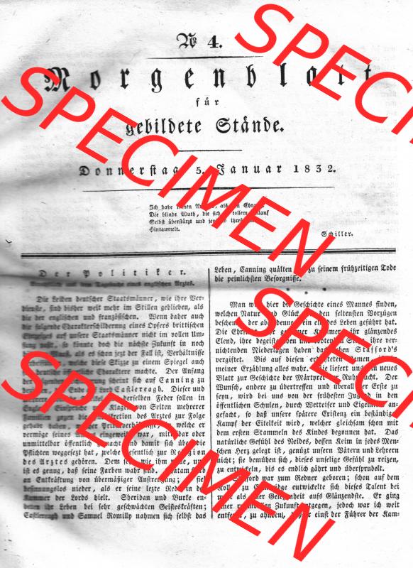 Morgenblatt 1832, 5 Januar, Nr. 4, Seite 13, Titelblatt mit Artikel „Der Politiker“. Das Digitale Bild / Foto der relativ wertvollen... Sammlung
