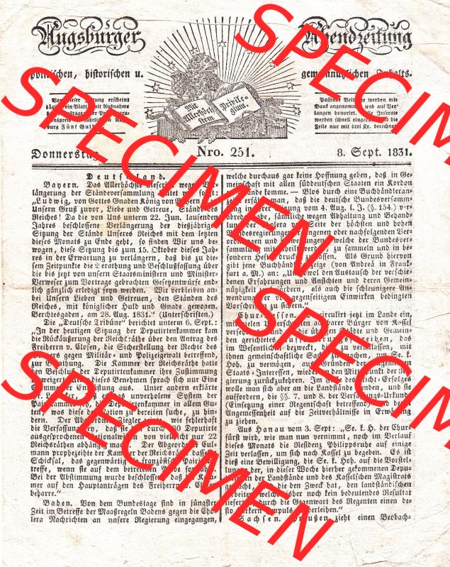 Augsburg 1831, 251, Donnerstag 8. September, Augsburger Abendzeitung Seite 1019 (1). Die Digitalen JPG-Bilder der digitalisierten Augsburger Zeitung aus dem Jahr... Sammlung