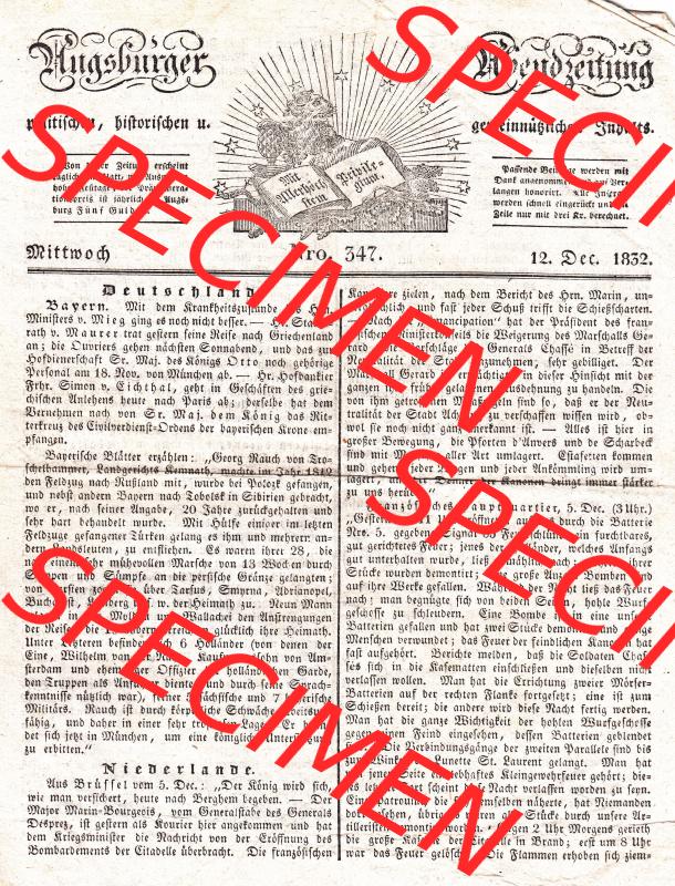Augsburg 1832, 347, Mittwoch 12. Dezember, Augsburger Abendzeitung Seite 1385. Die Digitalen JPG-Bilder der digitalisierten Augsburger Zeitung können heruntergeladen... Sammlung