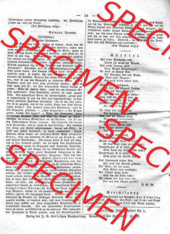 Morgenblatt 1832, 7 Januar, Nr. 6, Seite 24, Italienische Gallomanie. Das Digitale Bild / Foto der relativ wertvollen „Morgenblatt für gebildete Stände“-Zeitschrift... Sammlung
