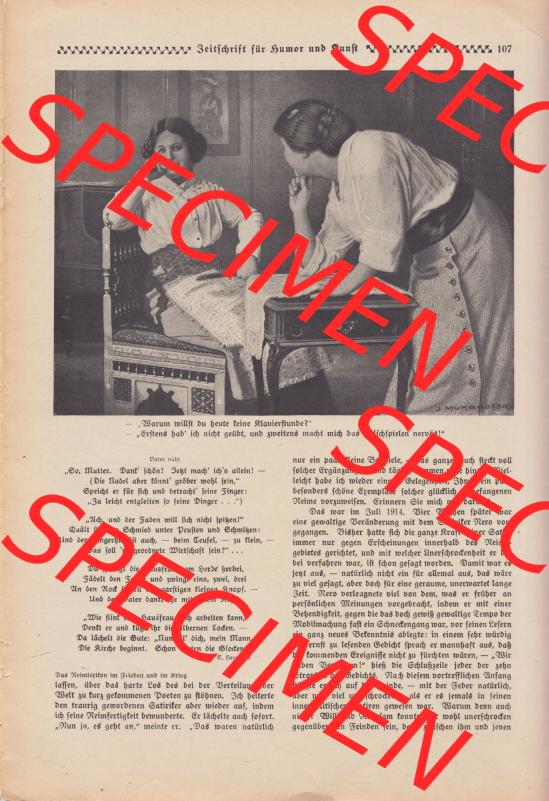 Meggendorfer-Blätter 1917, Nr. 1403, vom 15. November 1917 Seite 107, Warum willst du heute keine Klavierstunde-Frage. Das Digitale Bild / Foto der relativ... Sammlung