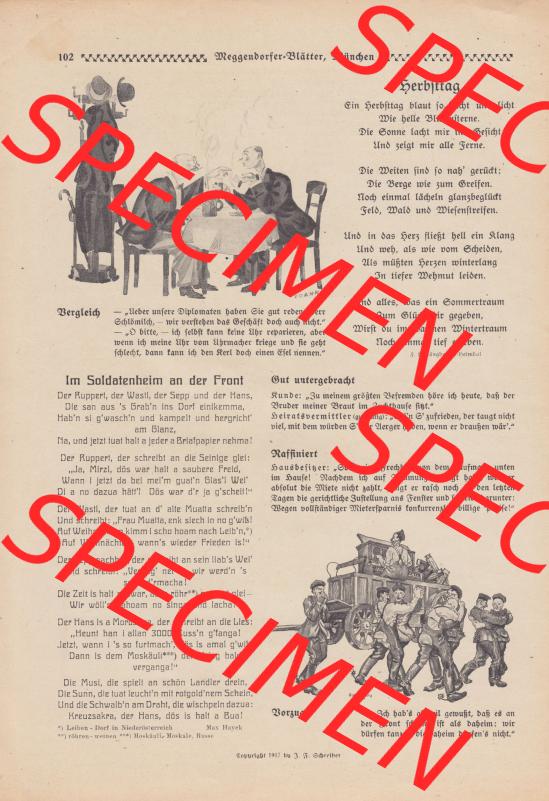 Meggendorfer-Blätter 1917, Nr. 1403, vom 15. November 1917 Seite 102, Herbsttag, Im Soldatenheim an der Front. Das Digitale Bild / Foto der relativ... Sammlung