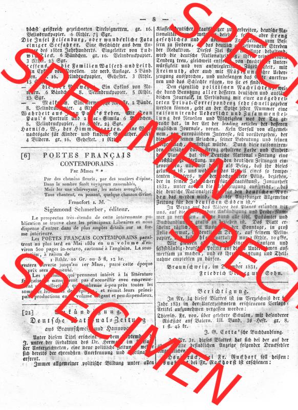 Morgenblatt 1832, Sonnabend 14 Januar, Nr. 2, Seite 8. Notiz für Deflamatoren. Das Digitale Bild / Foto der relativ wertvollen „Morgenblatt für... Sammlung